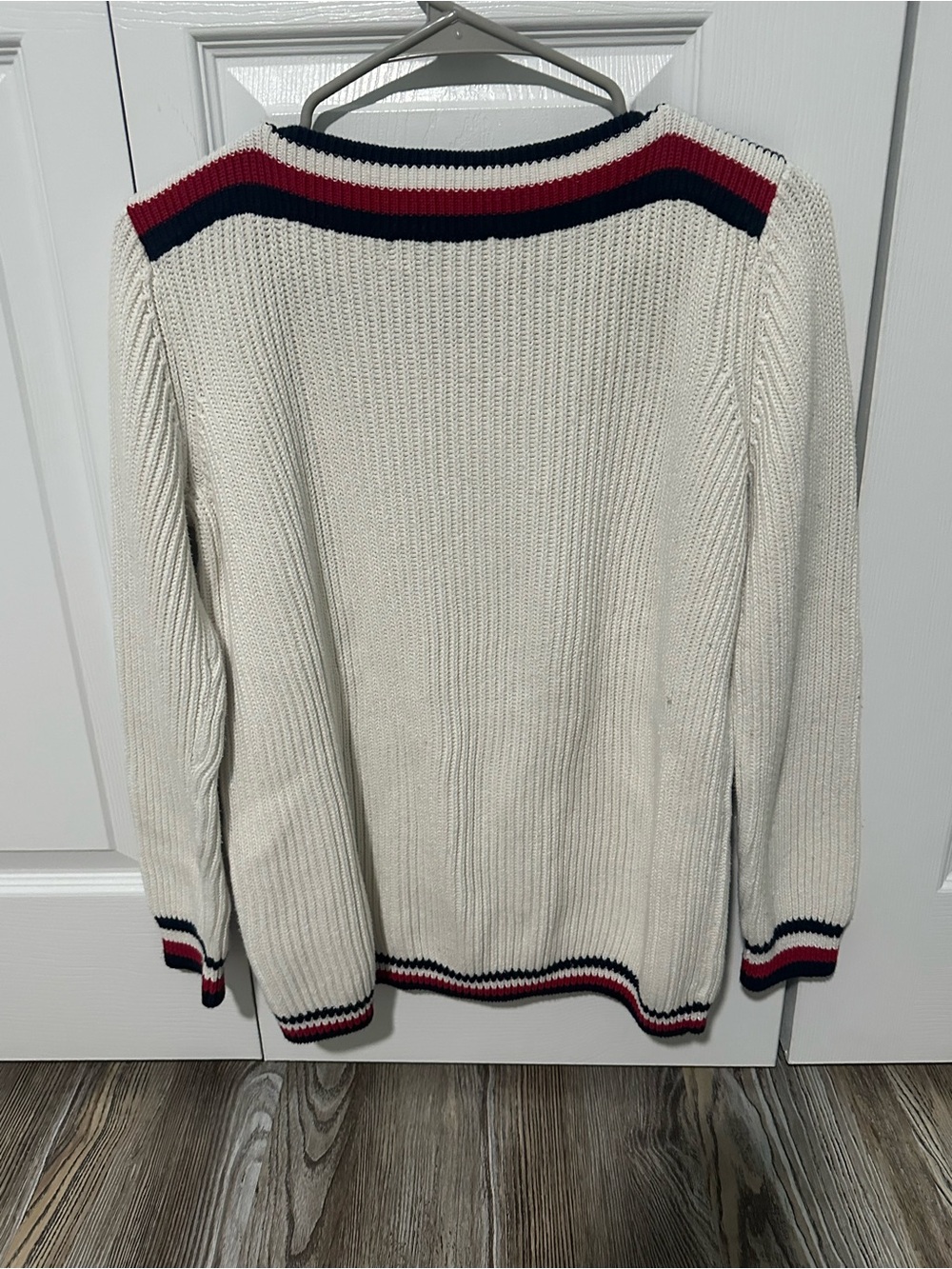 Tommy Hilfiger Cream Cable-Knit Sweater with Navy & Red Stripe Accents - Picture 5 of 5
